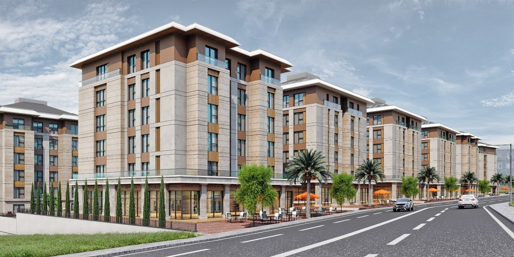 Exterior view of a modern multi-story residential building with balconies and landscaped elements, located in an urban setting.